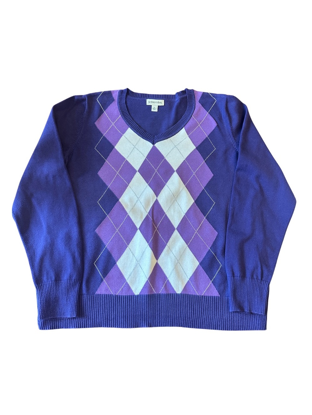 St. John's Bay Purple & White 100% Cotton Argyle V-Neck Sweater